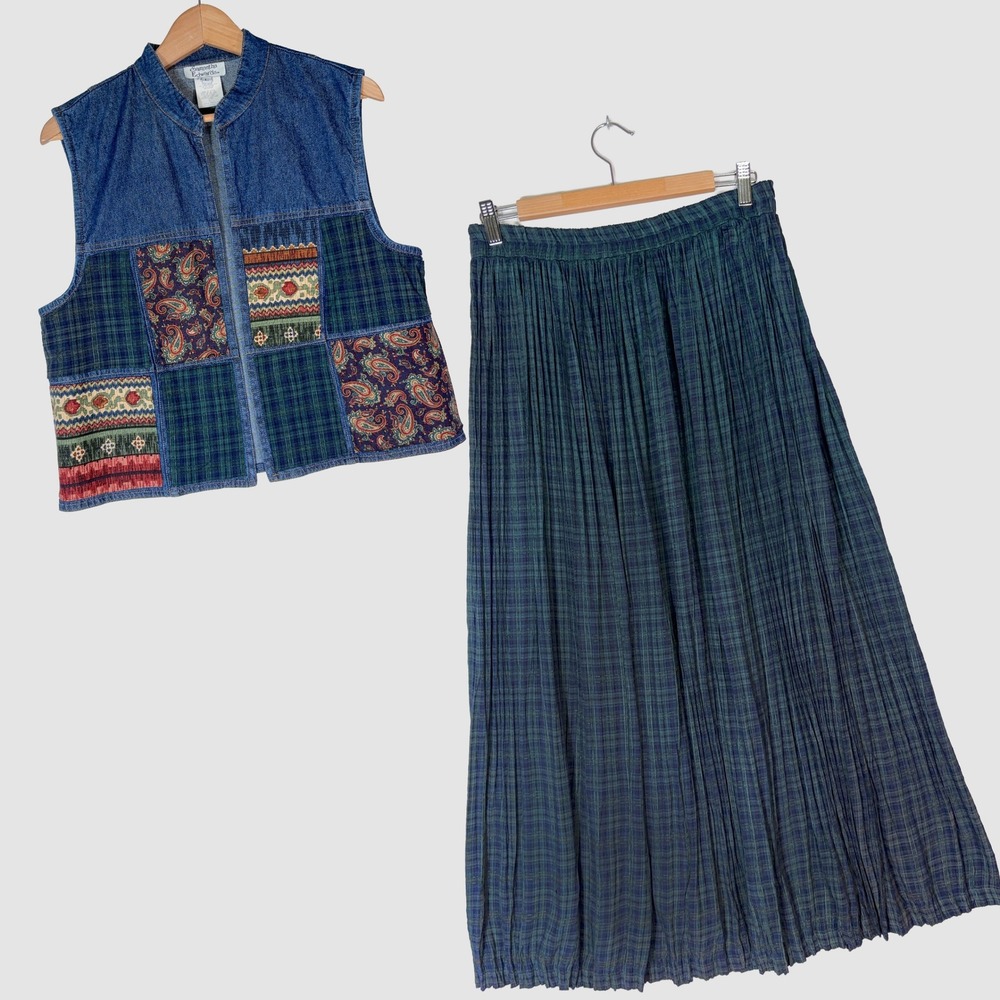 VTG 90s Denim Patchwork Vest & Plaid Maxi Broomstick Skirt Set Womens L Boho